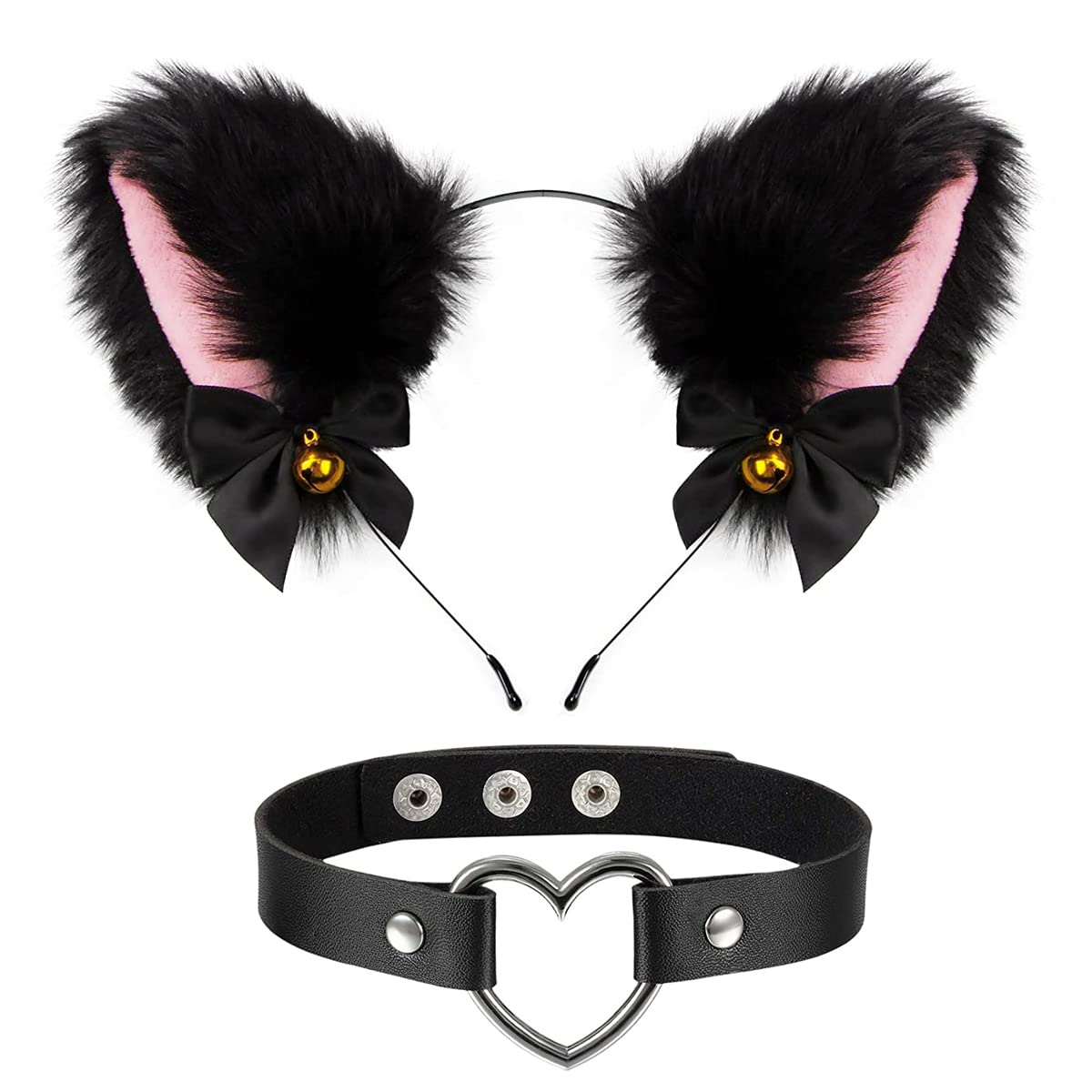 PALAY Cat Ears Headband Choker Set Women Girls Cosplay Plush Furry Ears Hair Band with Bell & Punk Fashion Choker Kit for Fancy Dress Party Performance Halloween PALAY Cat Ears Headband Choker Set Women Girls Cosplay Plush Furry Ears Hair Band with Bell & Punk Fashion Choker Kit for Fancy Dress Party Performance Halloween